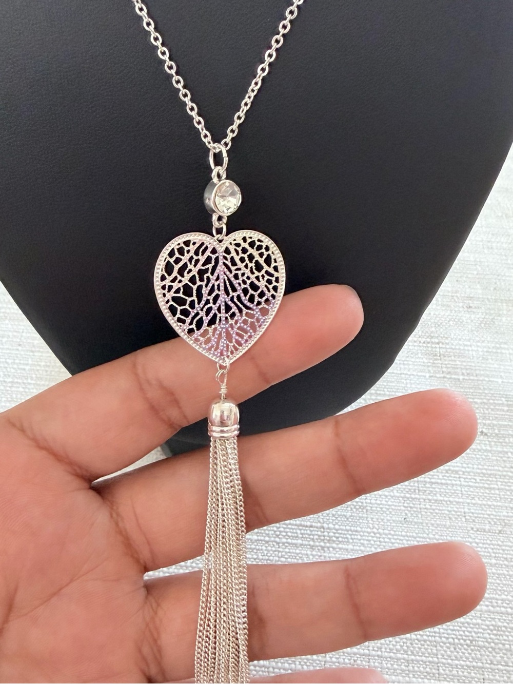 Lauren Conrad Silver Heart Filigree Tassel Necklace - 32 in - Picture 3 of 6